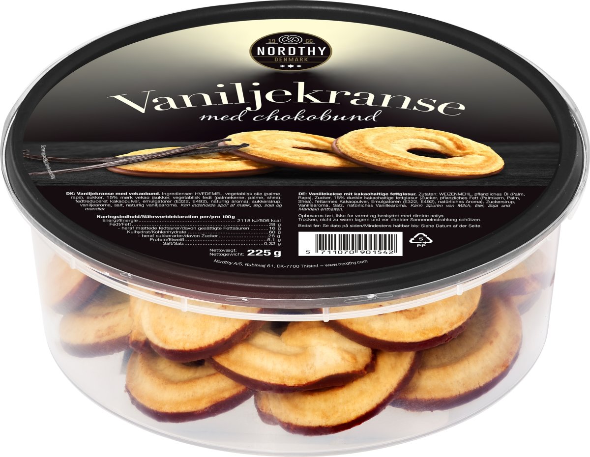 Nordthy Vaniljekranse m. Chokoladebund, 225g