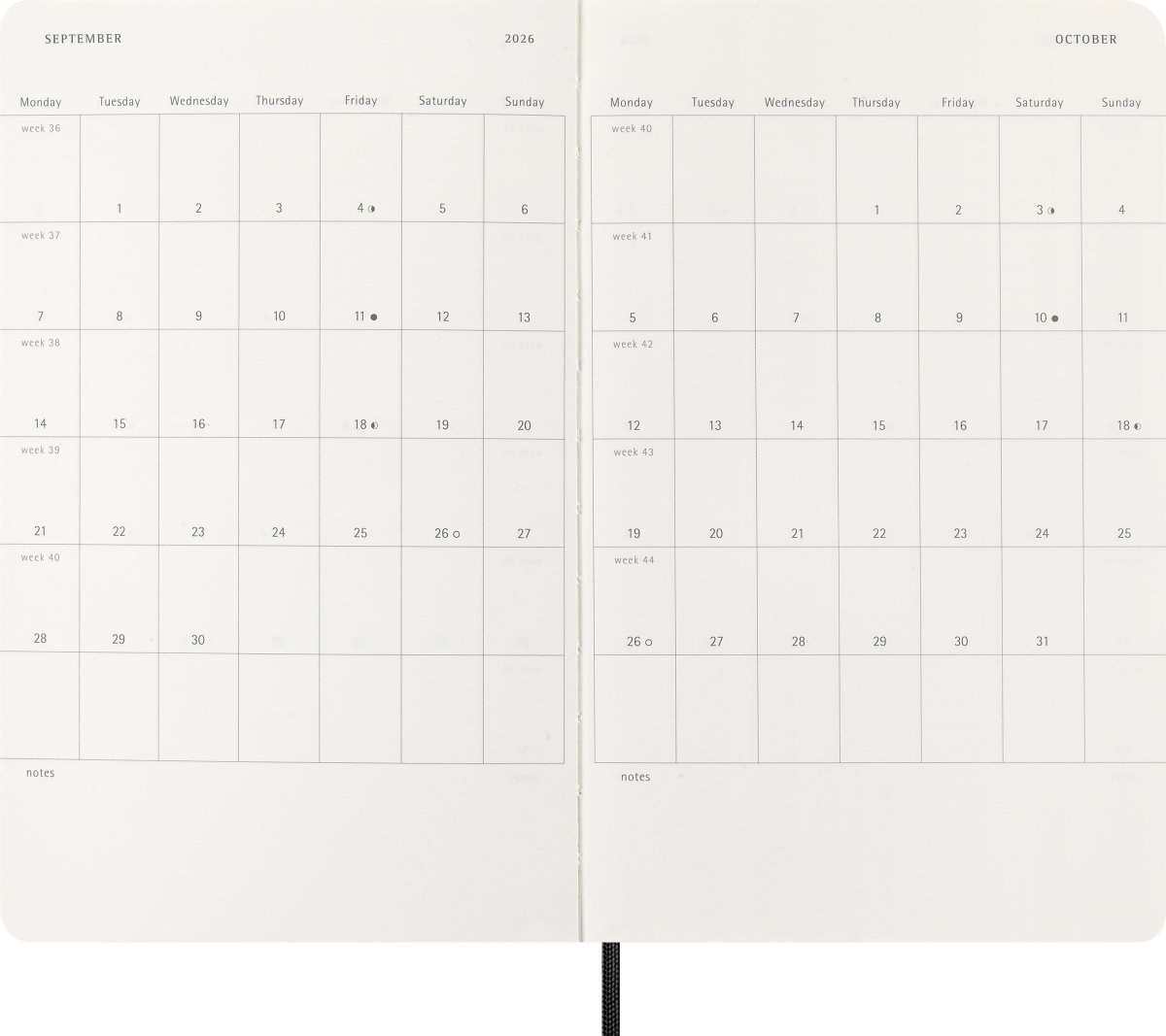 Moleskine 2026 Kalender | S | Uge h. | L | Sort