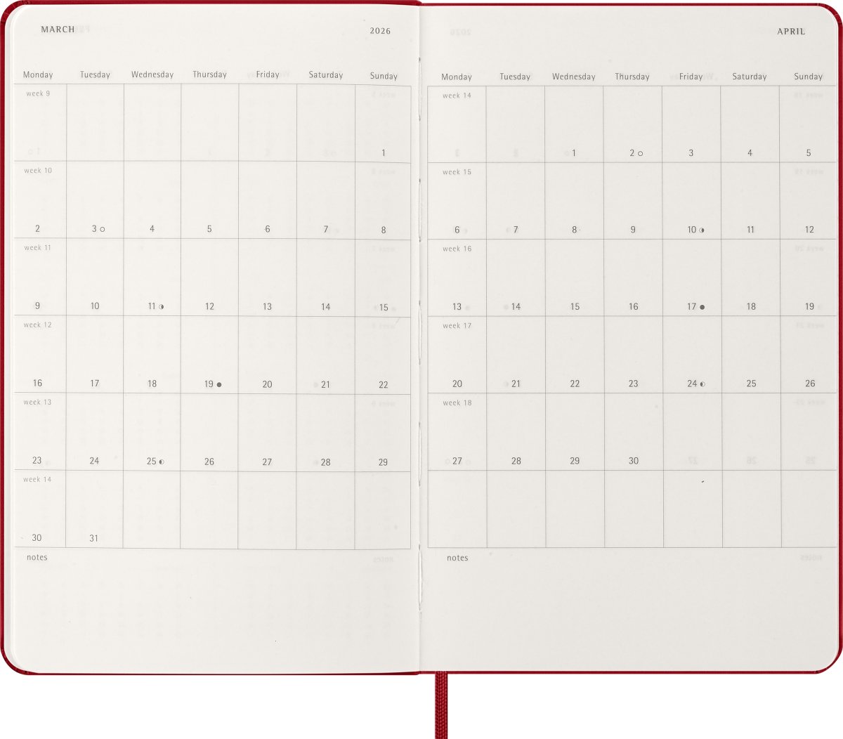 Moleskine 2026 Kalender | H | Dag | L | Rød