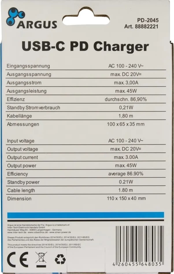Inter-Tech PD-2045 strømforsyningsadapter, USB-C