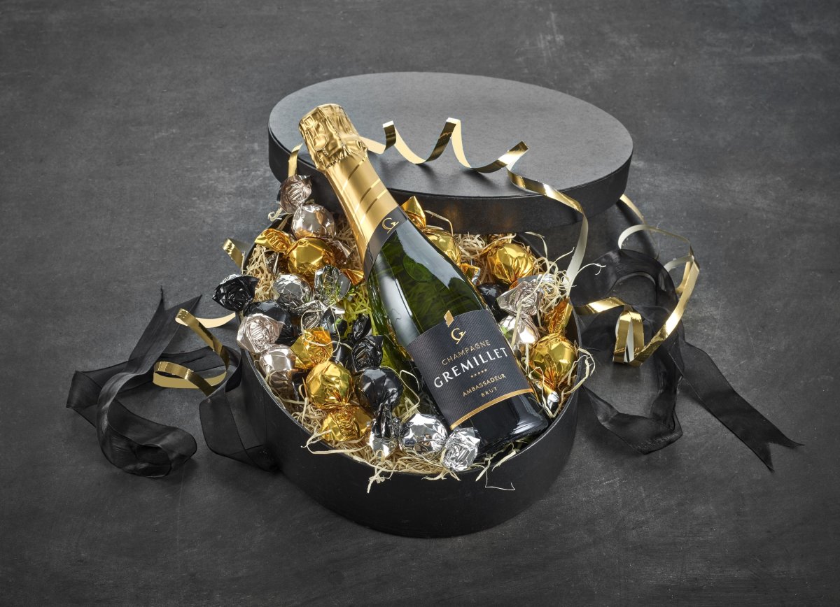 Æske m. Champagne 75cl & Chokokugler 200g