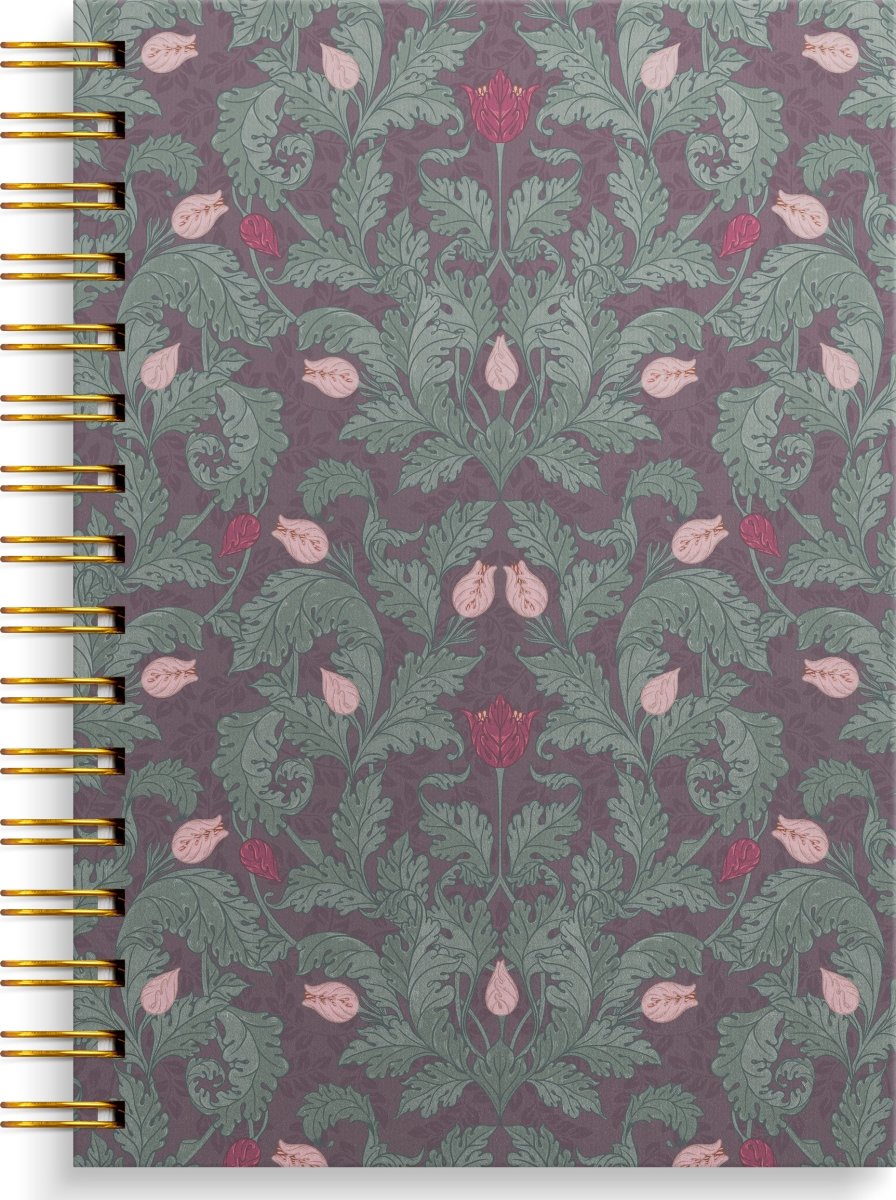 Burde Notesbog, A5, linjeret, burgundy flowers