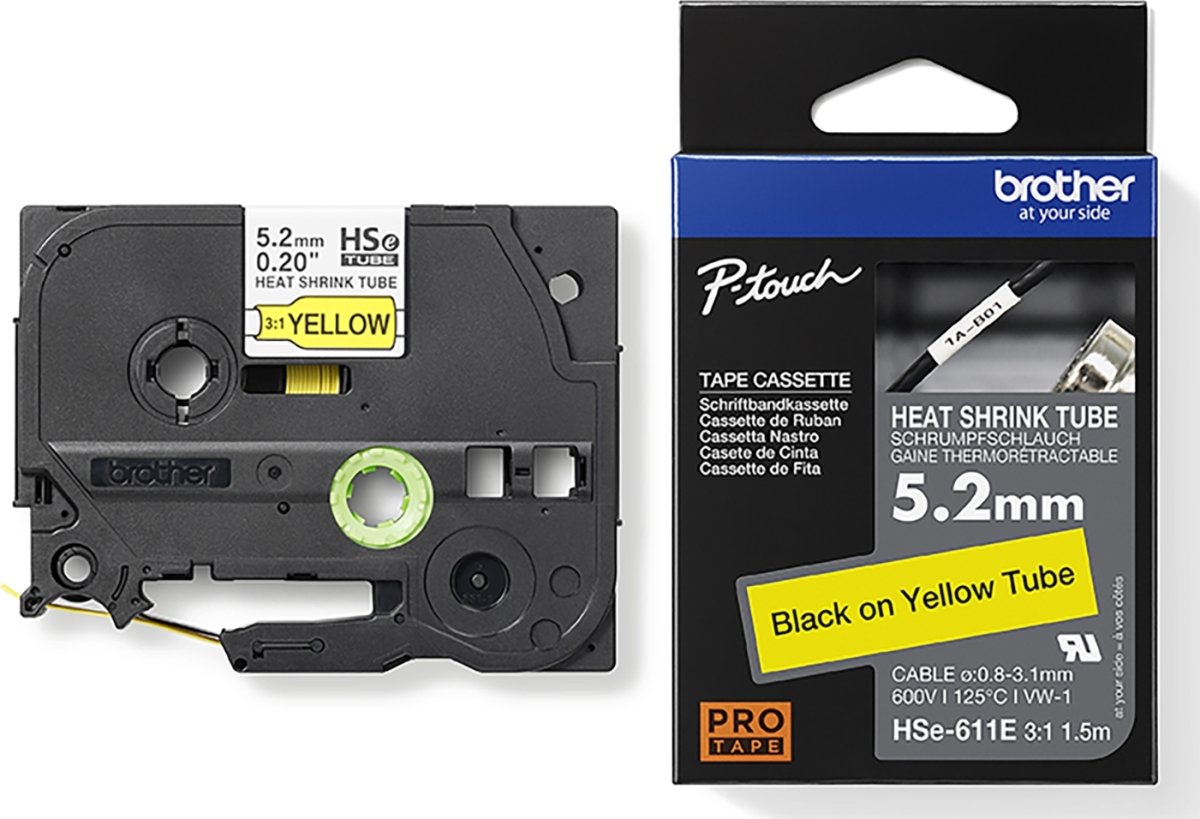 Brother HSe-611E krympeflextape 5.2mm, sort på gul