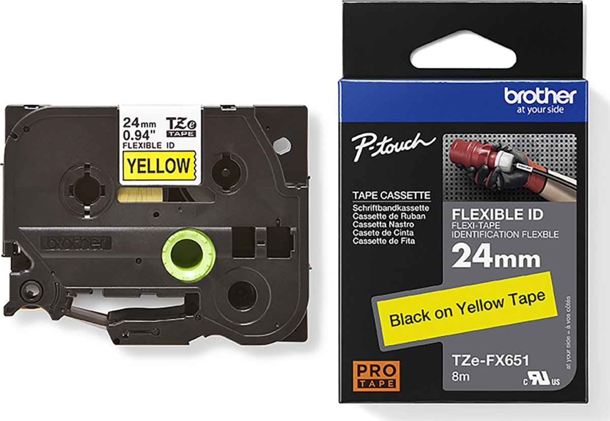 Brother TZe-FX651 labeltape 24mm, sort på gul