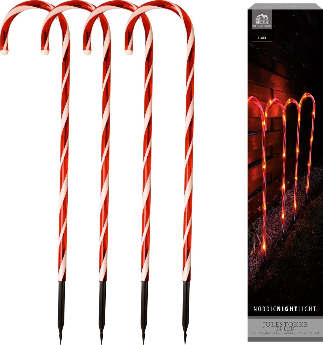 Julestokke 4stk, m/24 LED, m/timer, H78cm