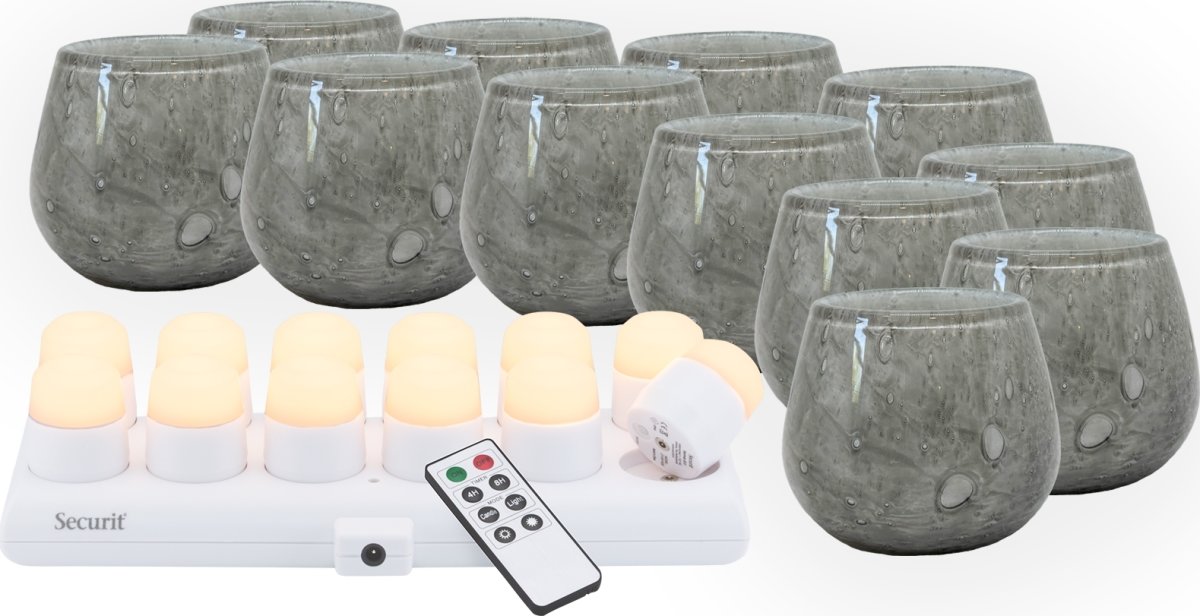 Securit® LUNA grå glasstage m/hvid LED, 12 stk