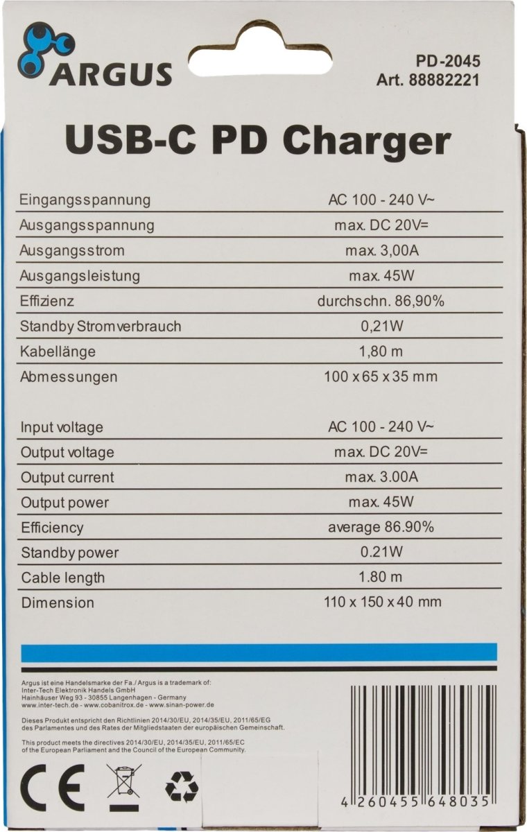 Inter-Tech PD-2045, Strømforsyningsadapter, 45Watt
