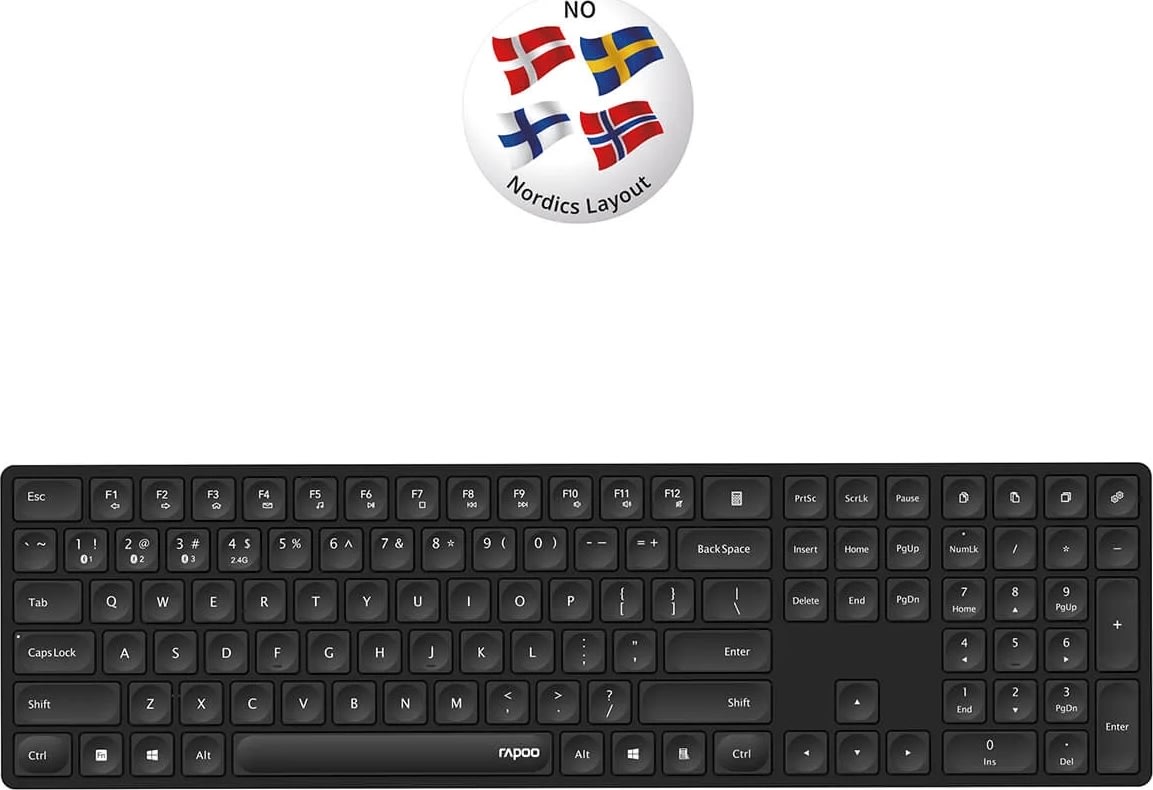 RAPOO Tastatur E8020, Multi-Mode, Trådløs, smalt