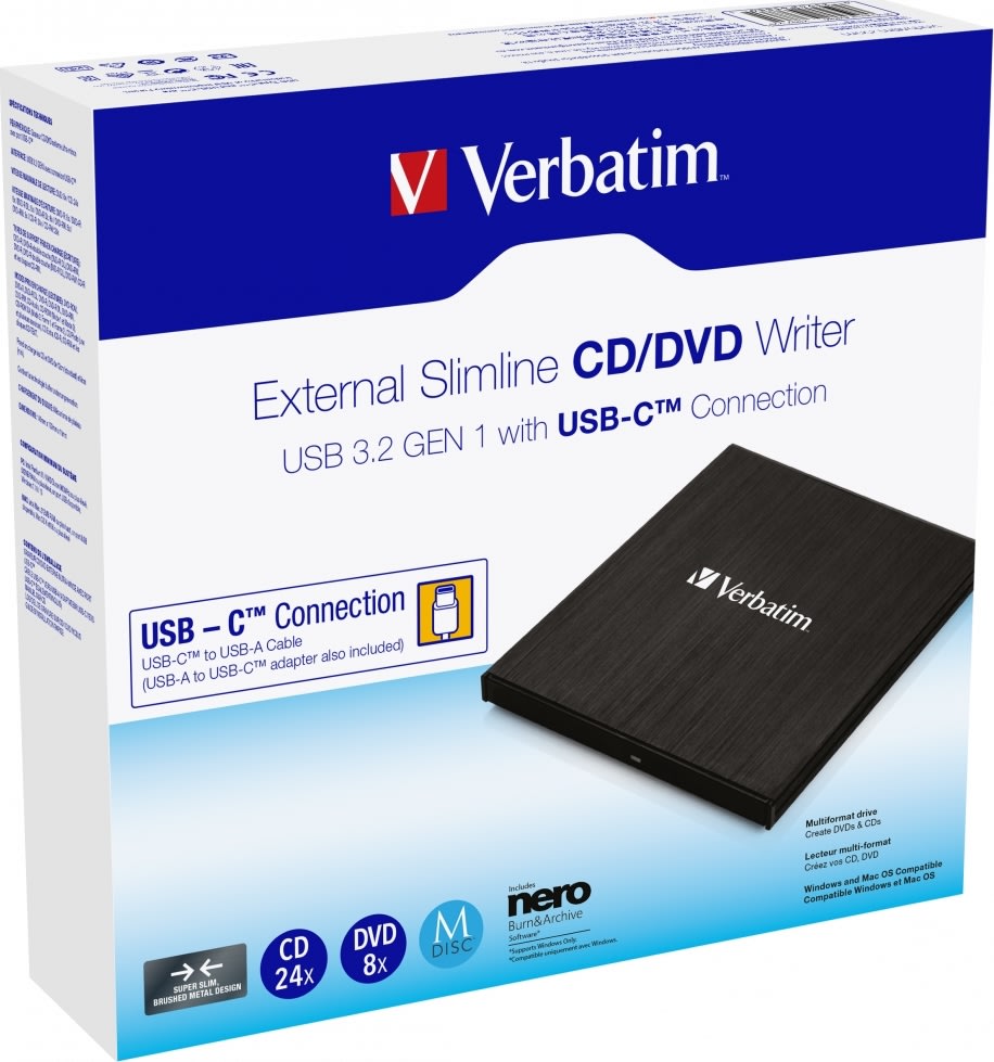 Verbatim Slank ekstern CD/DVD-brænder med USB-C
