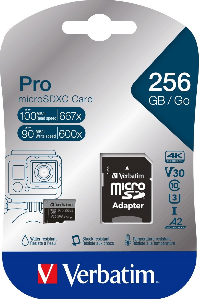 Verbatim Micro SDXC Kort PRO U3, 10 A2, 256GB