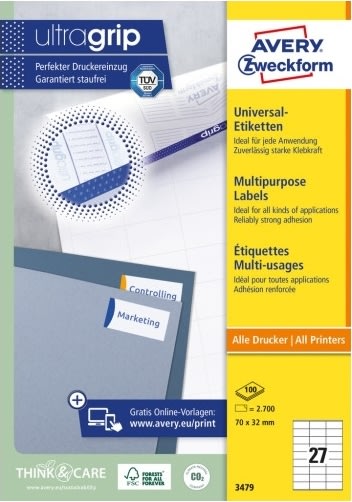 Avery 3459 universaletiketter, 70x32 mm, 2700 stk