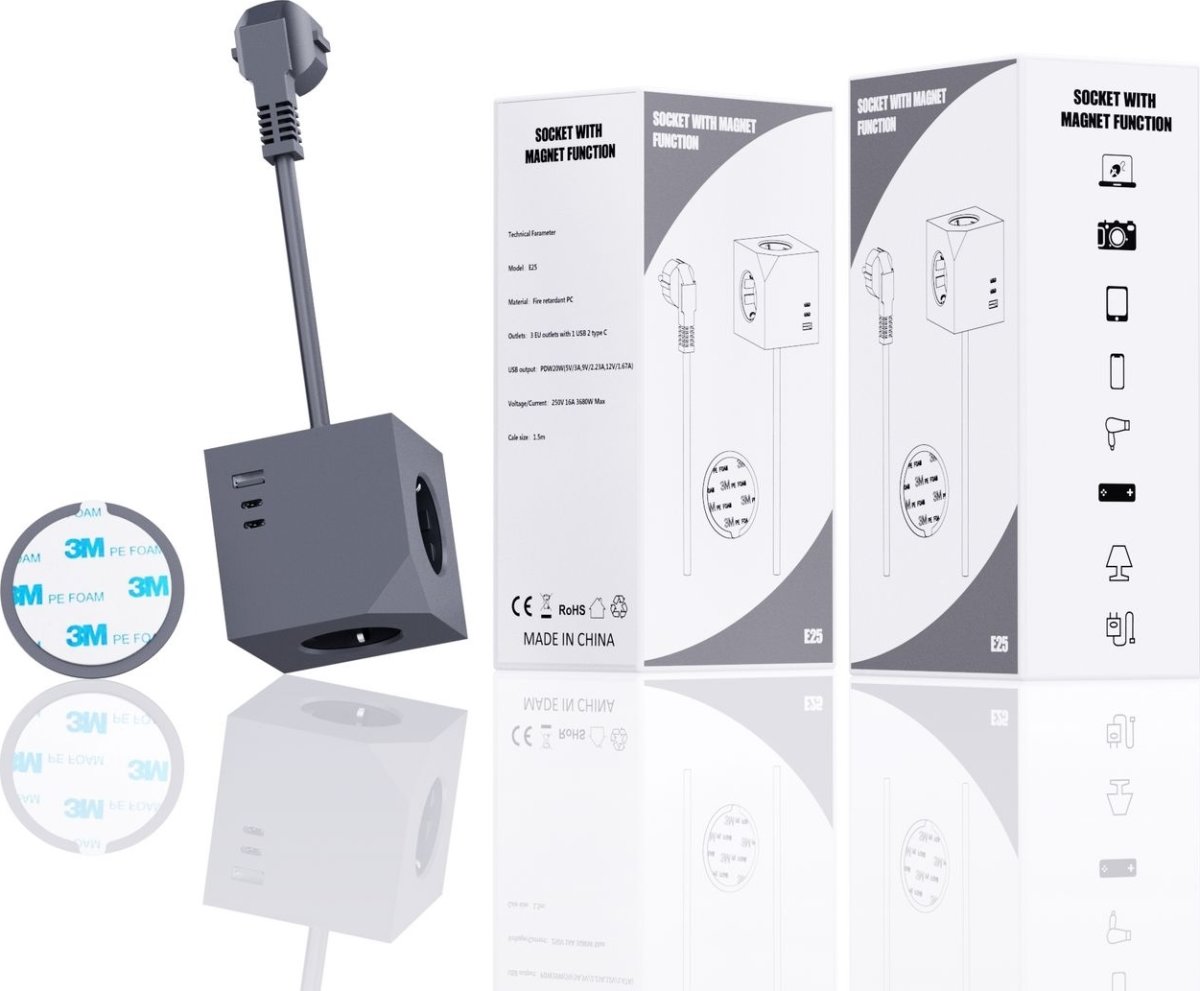 MicroConnect Forlængerledning, 3-stik, USB, 1,5 m