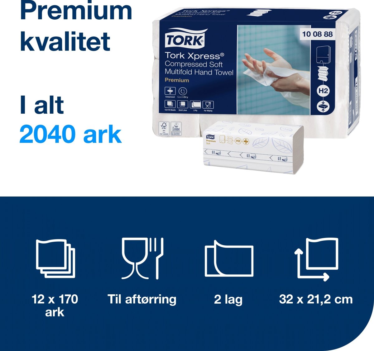 Tork H2 Compressed Prem. Håndklædeark Z-Fold 12 pk