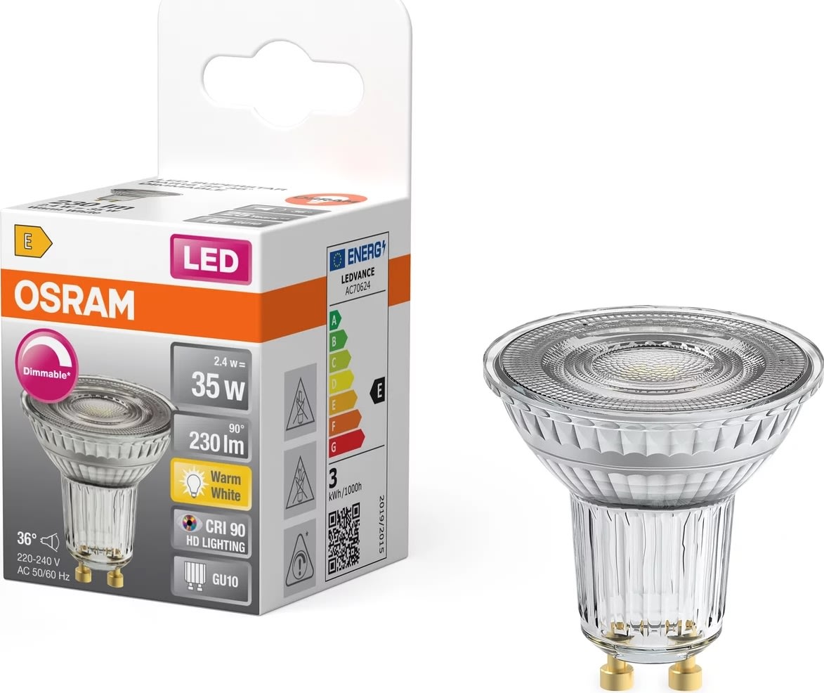 Osram LED Spotpære GU10, 2.4W=35W, dæmpbar