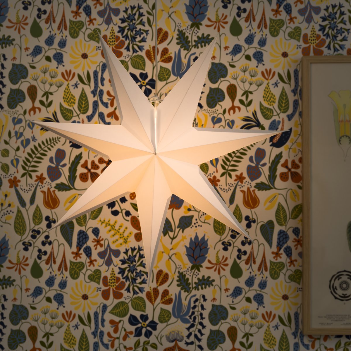 Papirstjerne, hængende, 7 spidser, Ø60 cm, hvid