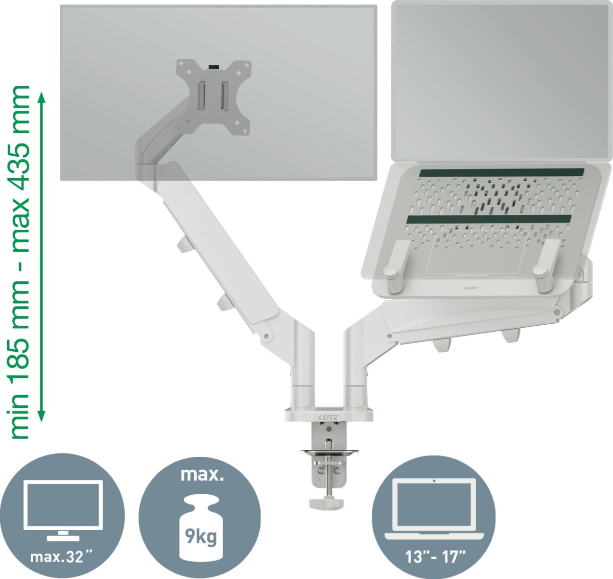 Leitz Ergo dual monitor arm & laptop arm, grå