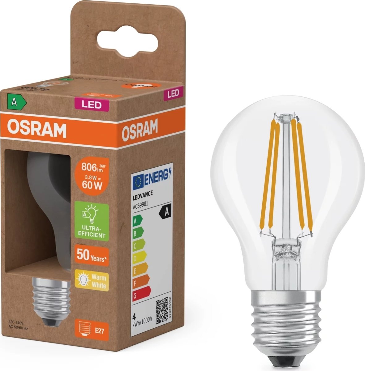 Osram LED Standardpære klar E27, 3.8W=60W