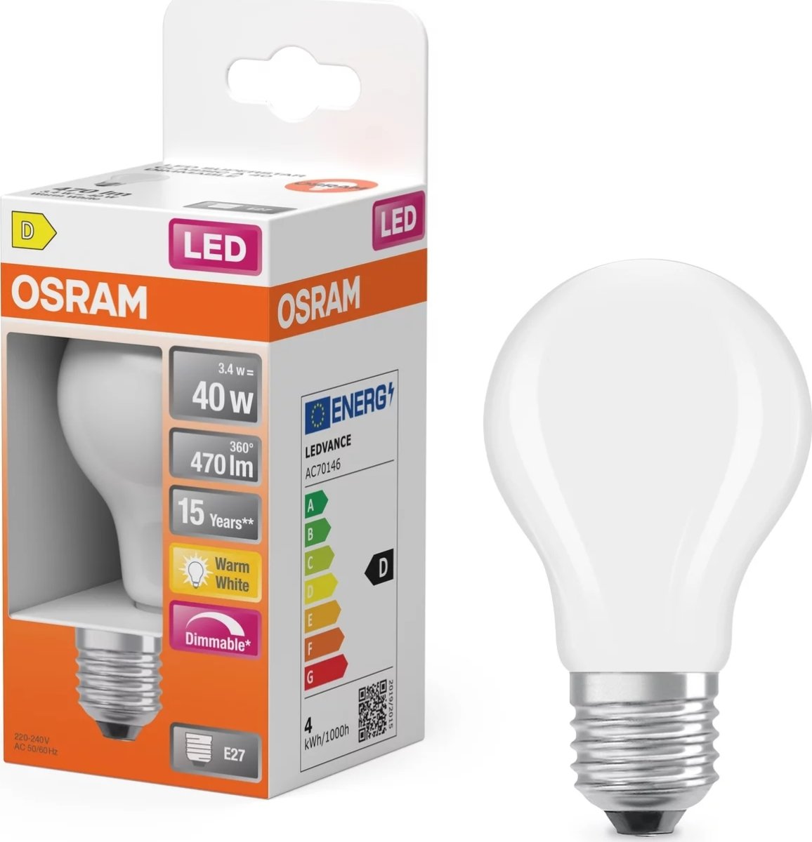 Osram Retro LED Standardpære mat E27 3.4W=40W dæmp