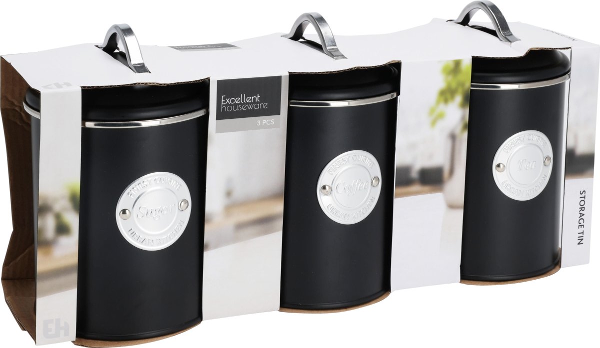 Opbevaringsdåser til kaffe/te/sukker, sort, metal