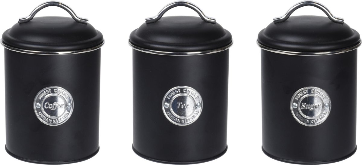 Opbevaringsdåser til kaffe/te/sukker, sort, metal