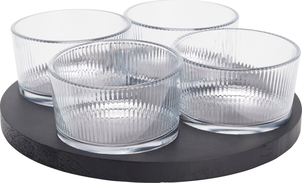 Skålesæt, 4 glasskåle, sort træbakke