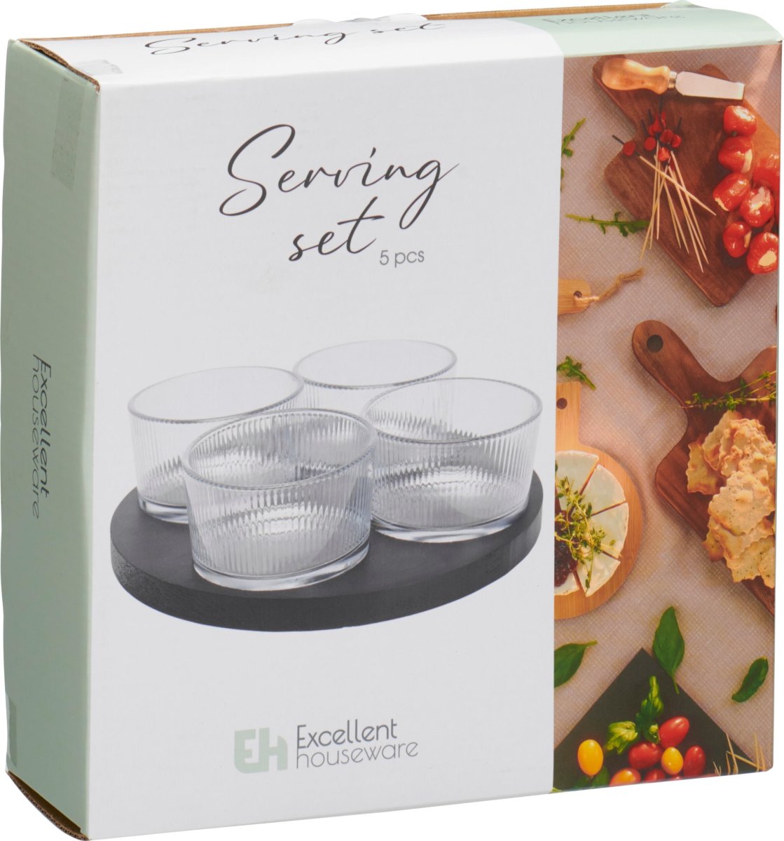 Skålesæt, 4 glasskåle, sort træbakke