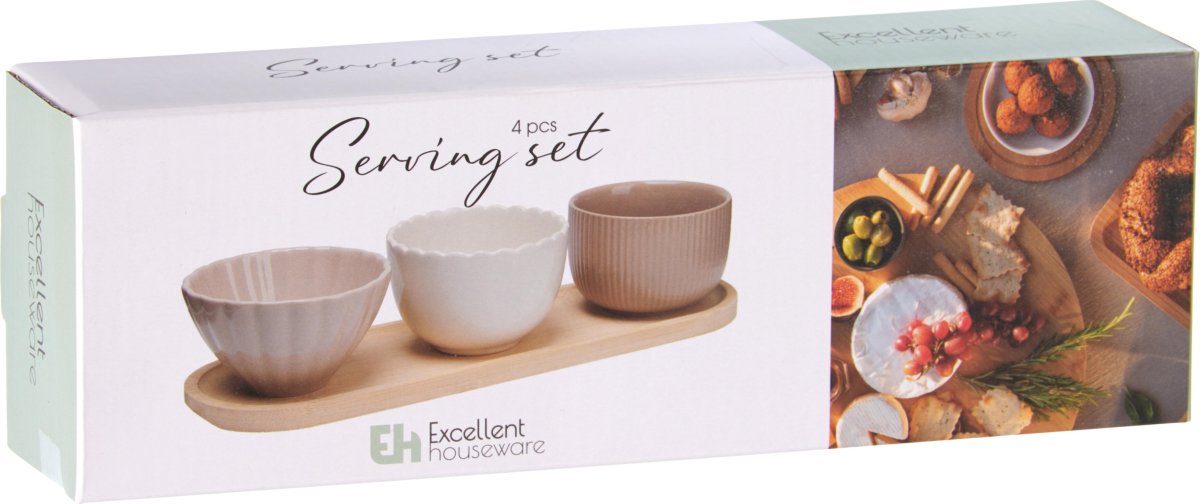 Skålesæt, 3 stentøjsskåle, bambusbakke