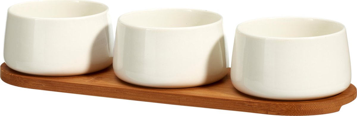Skålesæt, 3 porcelænsskåle, bambusbakke