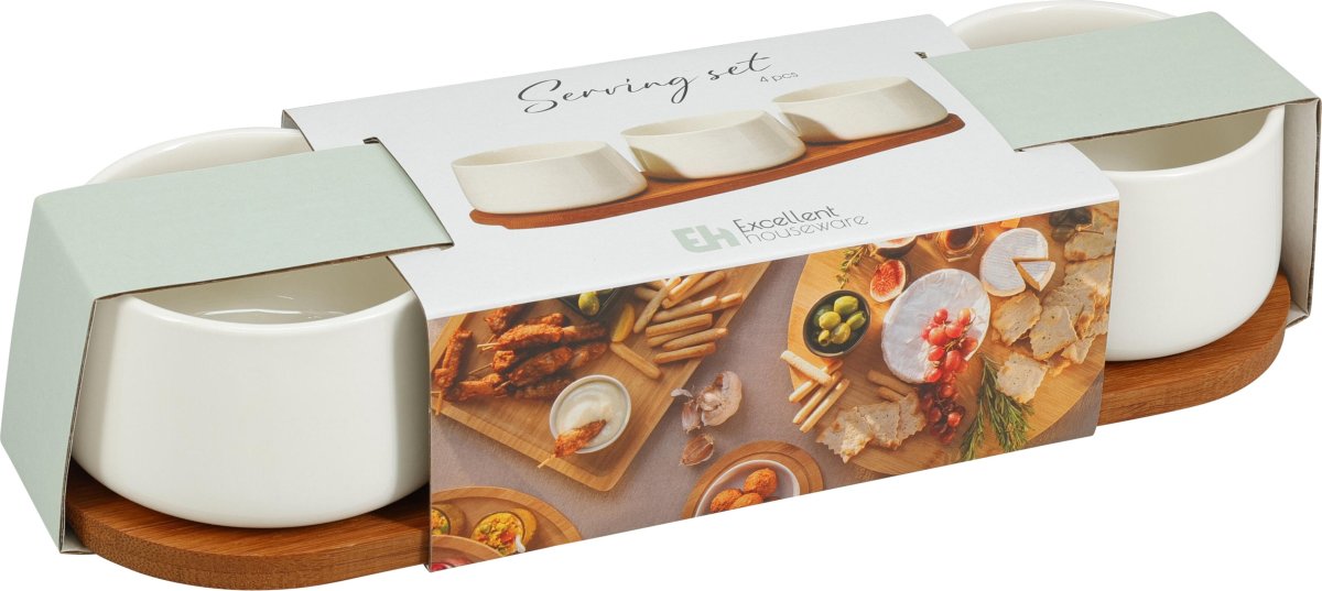 Skålesæt, 3 porcelænsskåle, bambusbakke