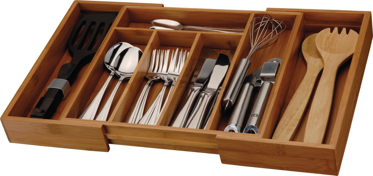 Bestikbakke med udtræk, bambus, 34x28-45x5 cm.