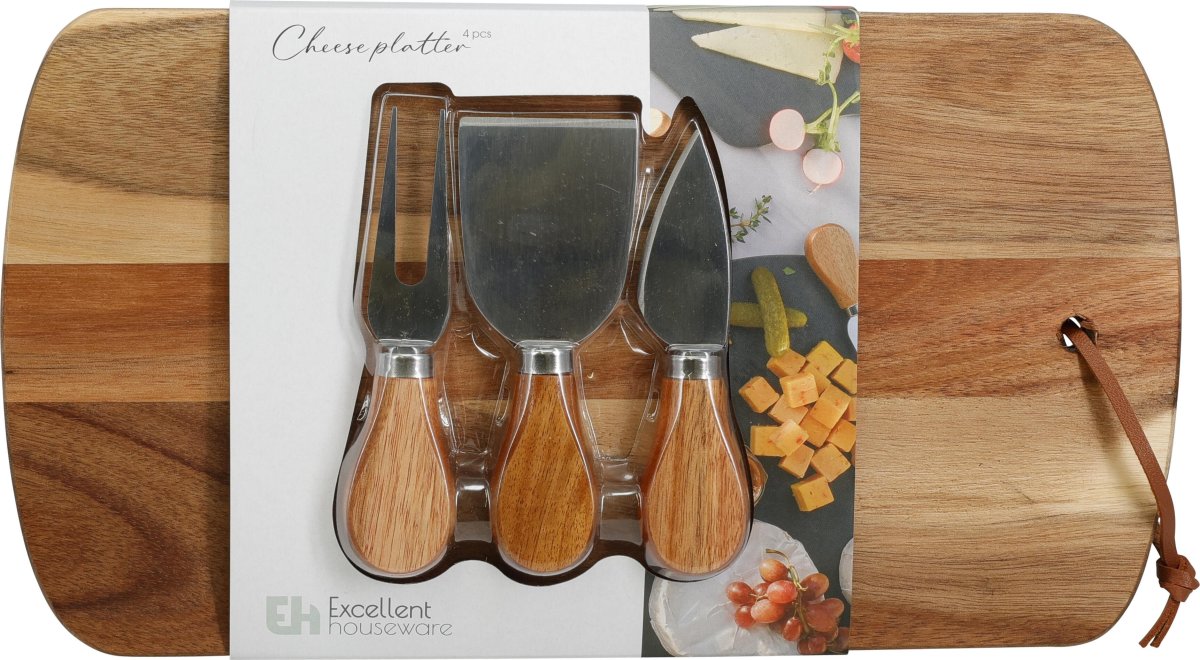Ostebræt med knive, akacie træ, 4 dele