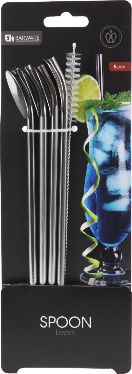 Sugerør med ske, rustfrit stål, 4 sugerør+børste