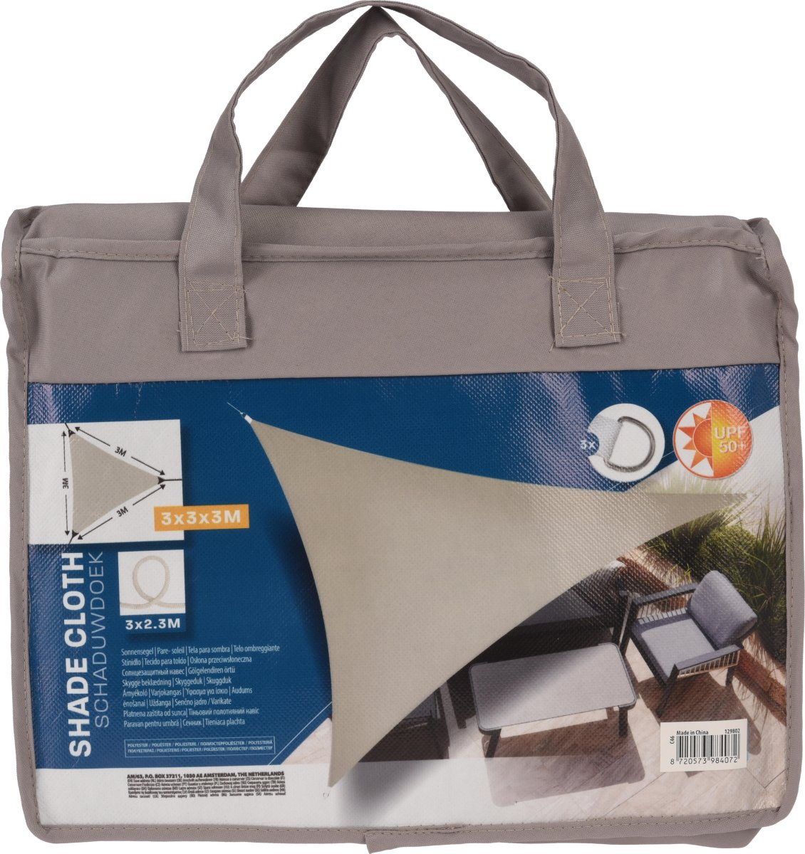 Solsejl, trekant, 3x3x3 meter, taupe