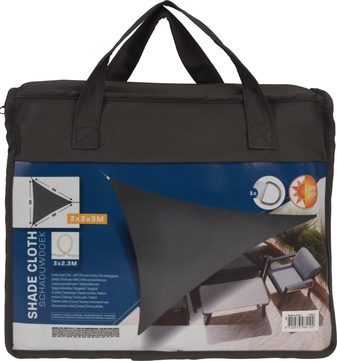 Solsejl, trekant, 3x3x3 meter, mørk grå