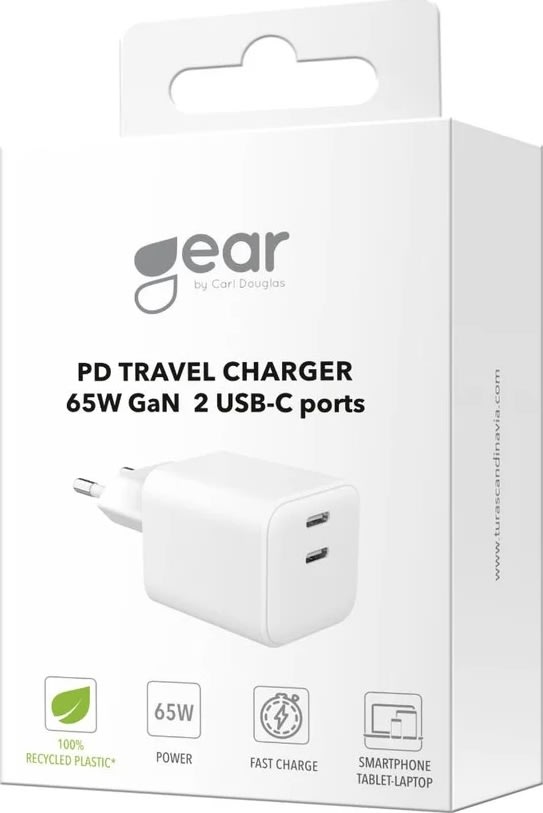 GEAR Oplader, 65W, 220V, 2x USB-C - Hvid