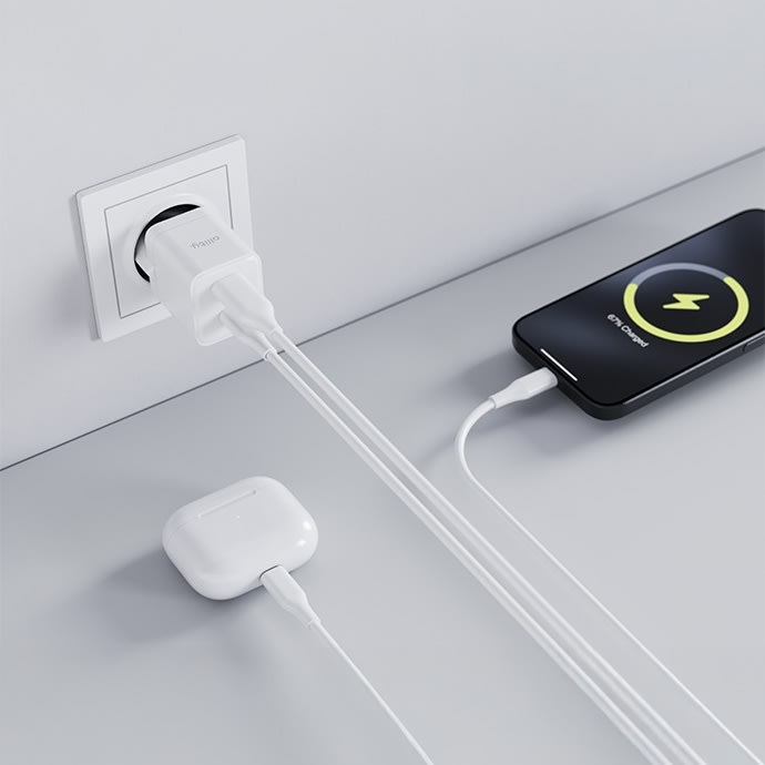 Allity Oplader, 1x USB-C, 1x USB-A, 20W - Hvid