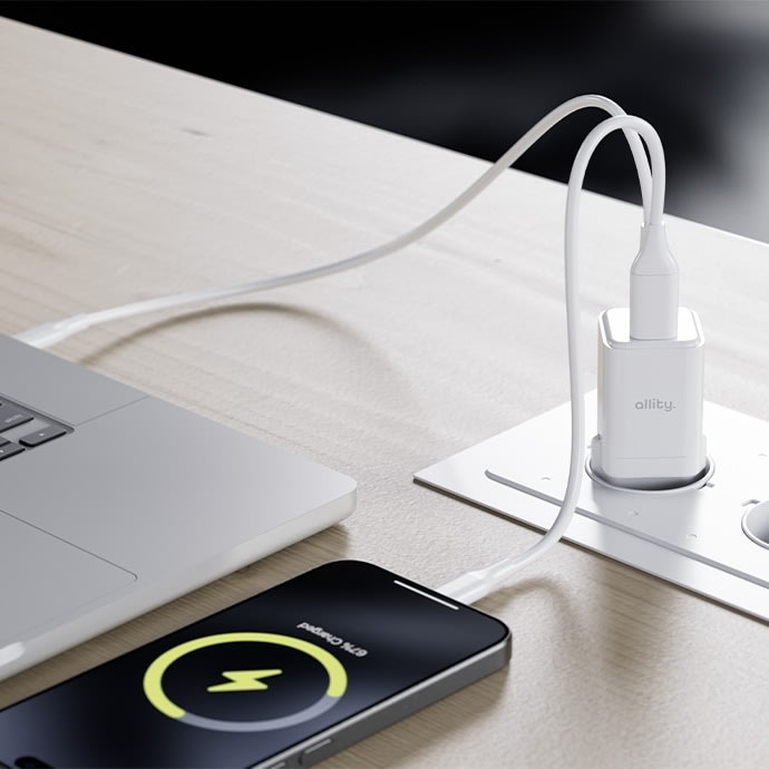 Allity Oplader, 1x USB-C, 1x USB-A, 30W - Hvid