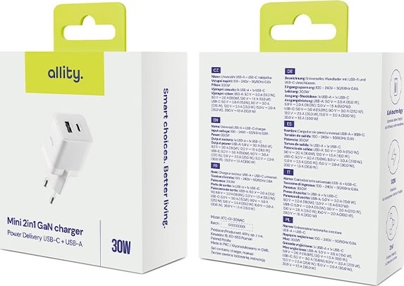 Allity Oplader, 1x USB-C, 1x USB-A, 30W - Hvid