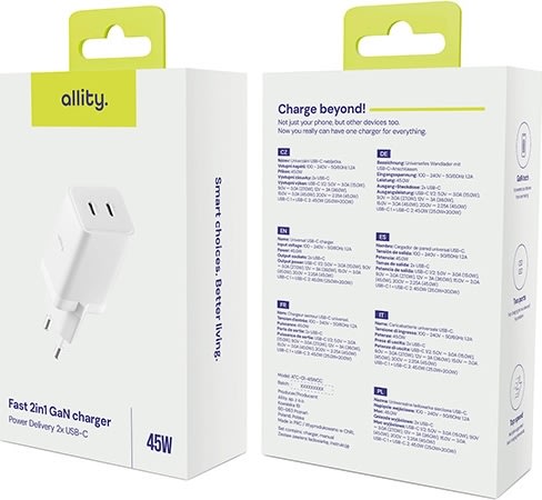 Allity Oplader, 2x USB-C, 45W - Hvid