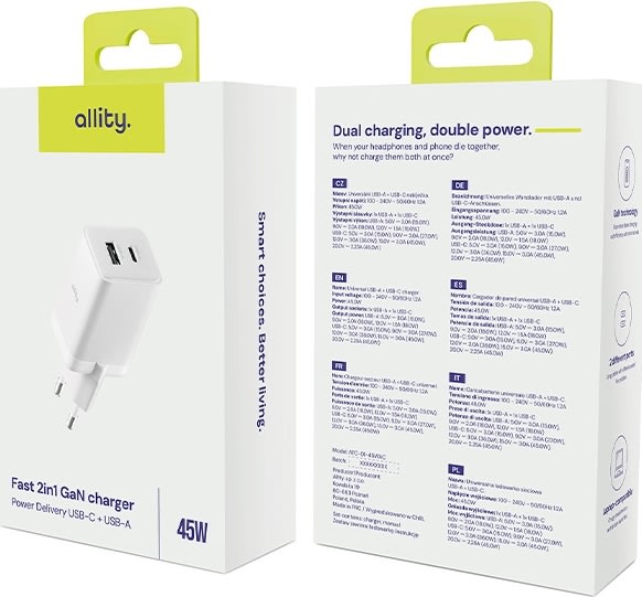 Allity Oplader, 1x USB-C, 1x USB-A, 45W - Hvid