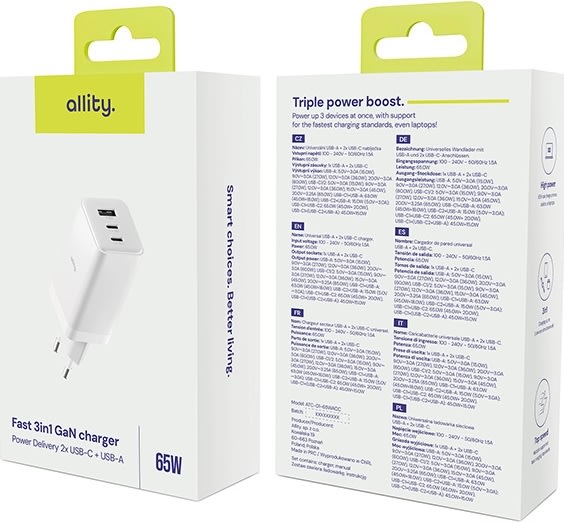 Allity Oplader, 2x USB-C, 1x USB-A, 65W - Hvid
