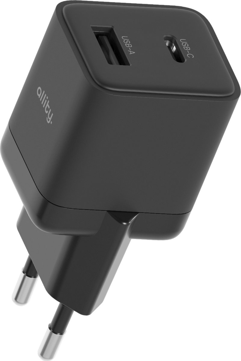 Allity Oplader, 1x USB-C, 1x USB-A, 20W - Sort