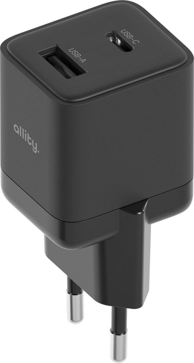Allity Oplader, 1x USB-C, 1x USB-A, 20W - Sort