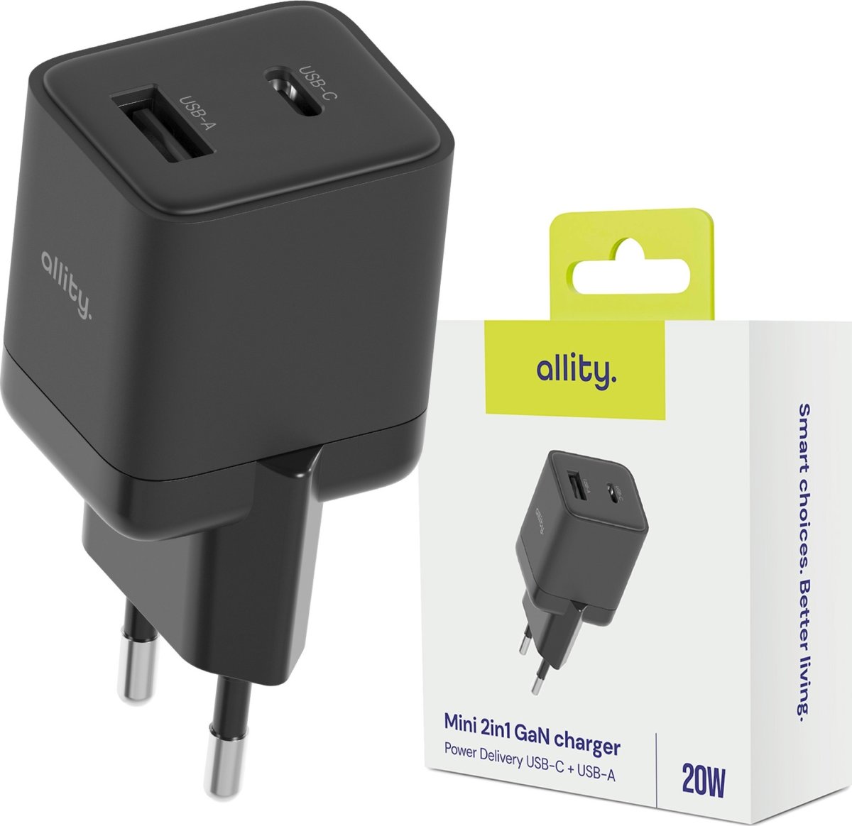 Allity Oplader, 1x USB-C, 1x USB-A, 20W - Sort