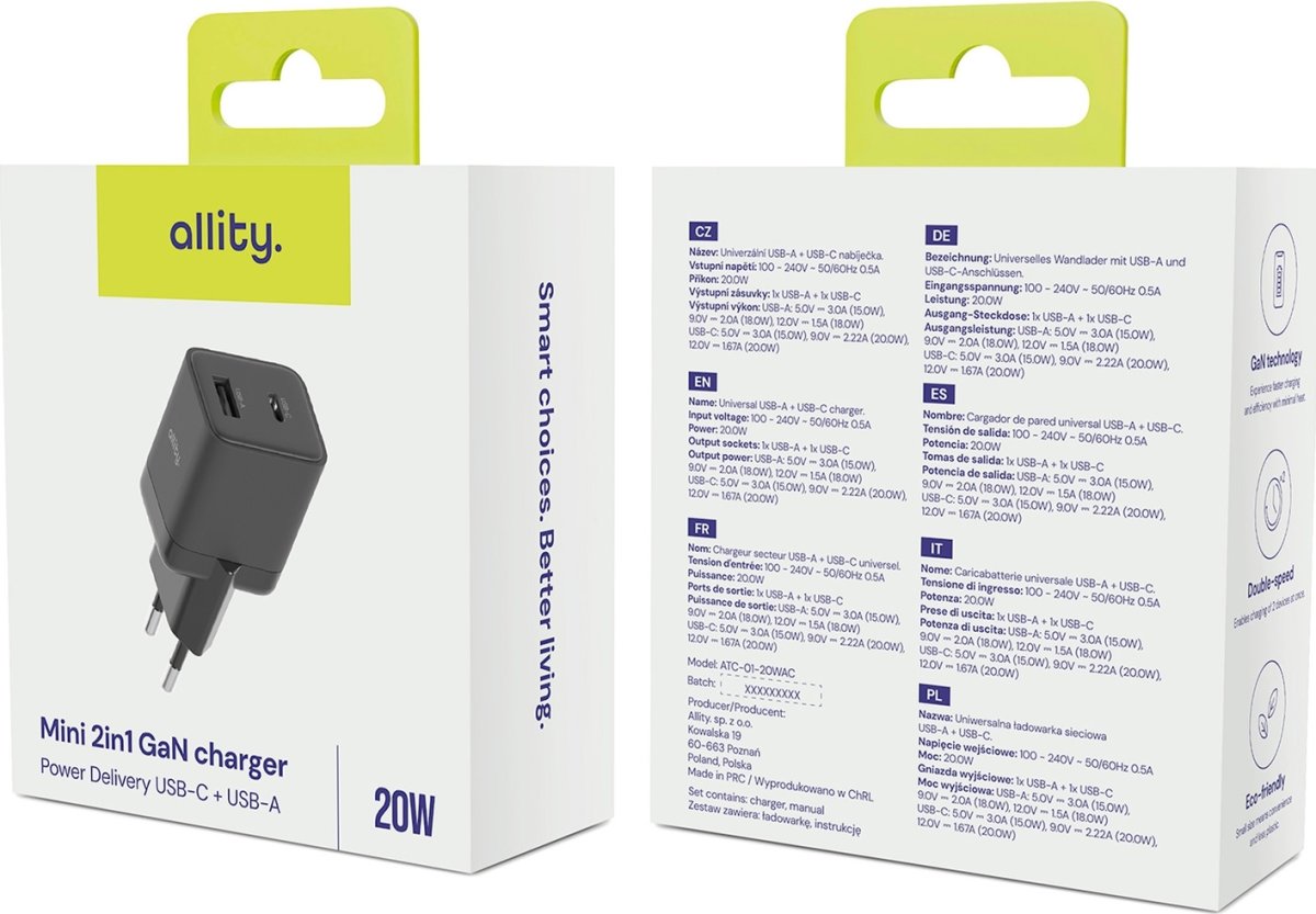Allity Oplader, 1x USB-C, 1x USB-A, 20W - Sort