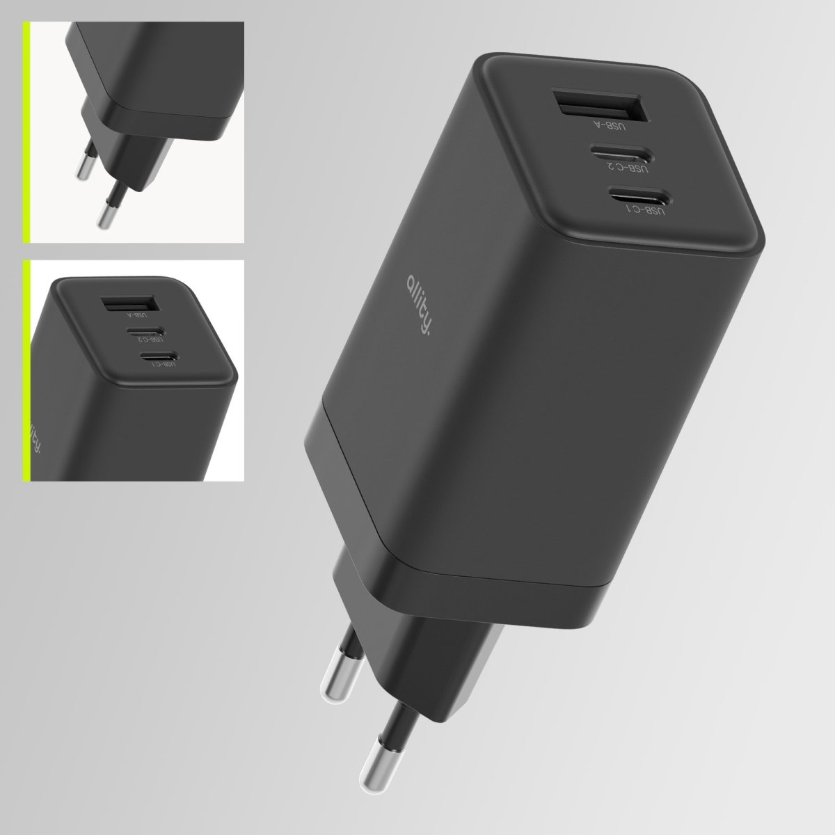 Allity 2x USB-C, 1x USB-A, 65W - Sort