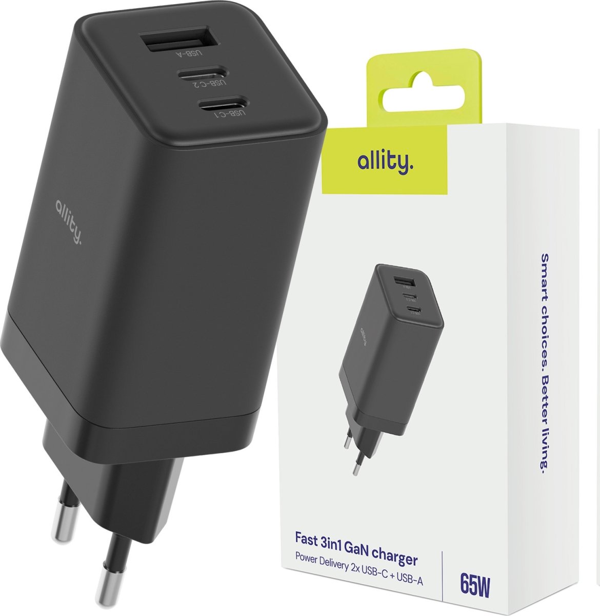 Allity 2x USB-C, 1x USB-A, 65W - Sort