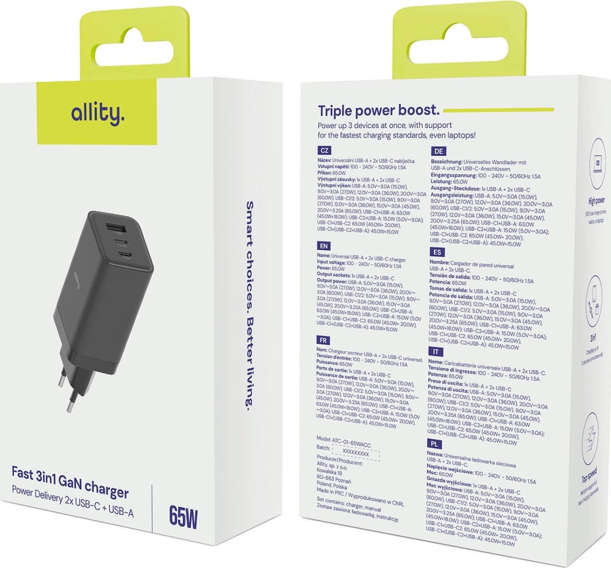 Allity 2x USB-C, 1x USB-A, 65W - Sort