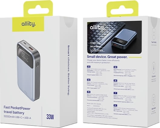 Allity Powerbank, 33W, 10000 mAh - Grå