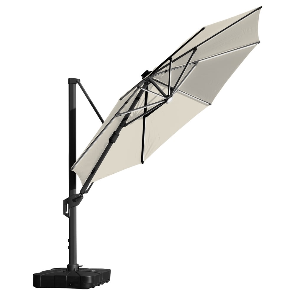 Hængeparasol Ø3,5m m/fod m/hjul+overtræk+LED,beige